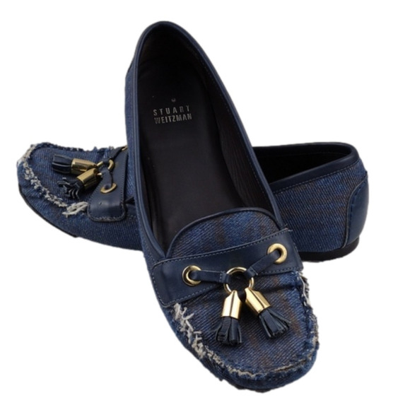 Stuart Weitzman Blue Fabric Tassel Detail Upper Round Toe Slip On Flat Loafer - Picture 1 of 16